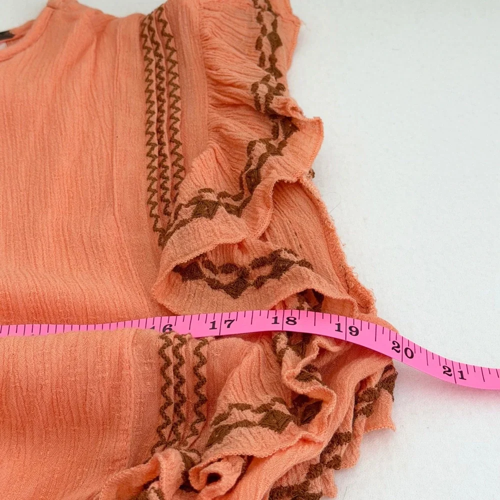 Free People Coral Orange Embroidered Ruffle Gauze Mini Dress Boho Western Sz S